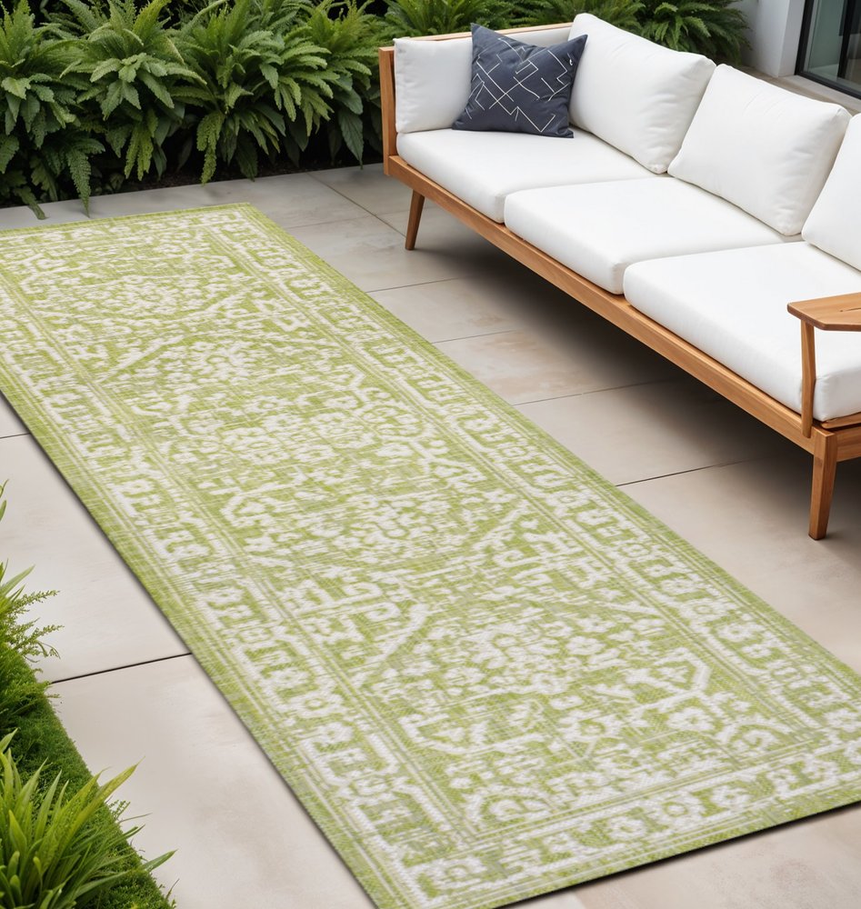 10' Green And Cream Medallion Indoor Outdoor Runner Rug HomeRoots