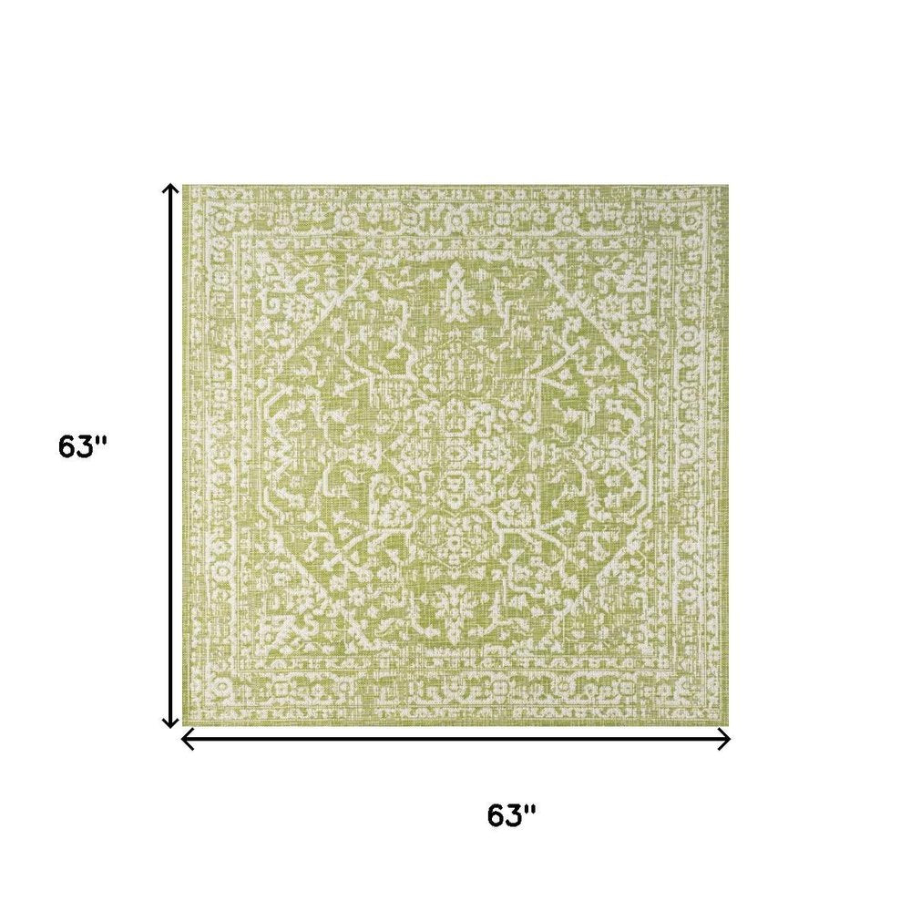 5' Green And Cream Square Medallion Indoor Outdoor Area Rug HomeRoots