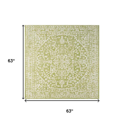 5' Green And Cream Square Medallion Indoor Outdoor Area Rug HomeRoots