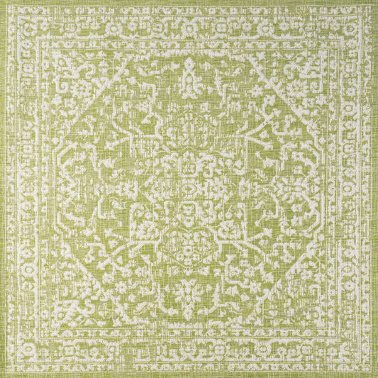 5' Green And Cream Square Medallion Indoor Outdoor Area Rug