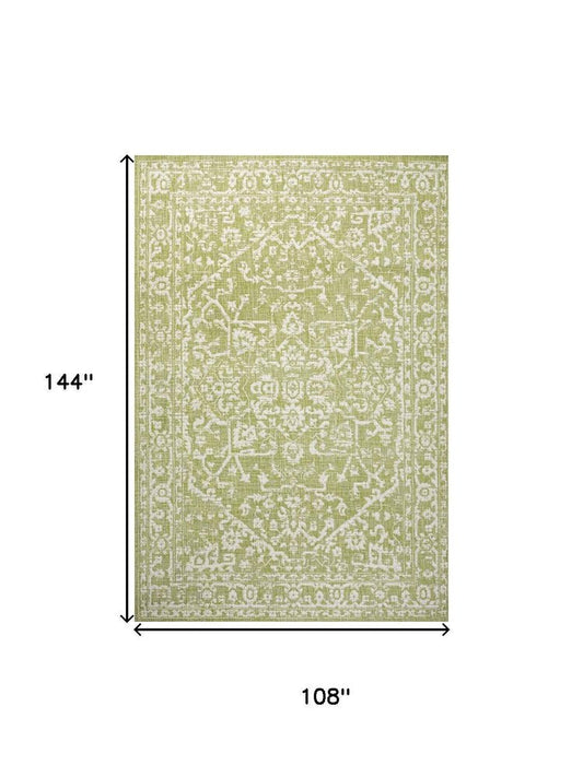 9' X 12' Green And Cream Medallion Indoor Outdoor Area Rug