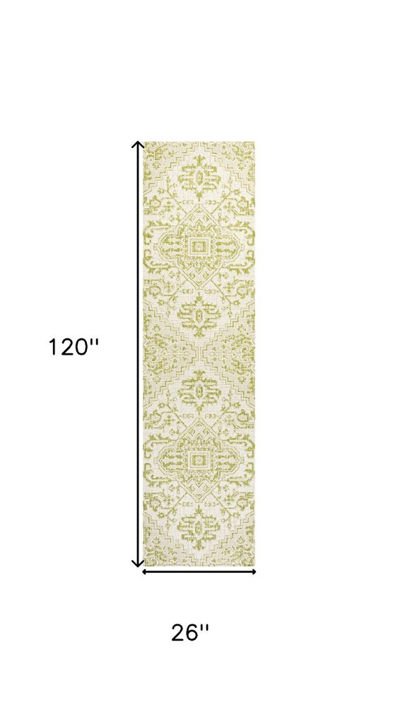10' Cream And Green Medallion Indoor Outdoor Runner Rug HomeRoots
