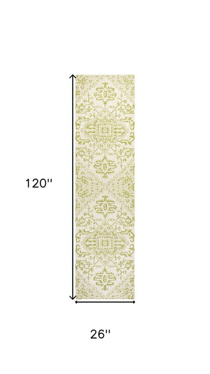 10' Cream And Green Medallion Indoor Outdoor Runner Rug HomeRoots