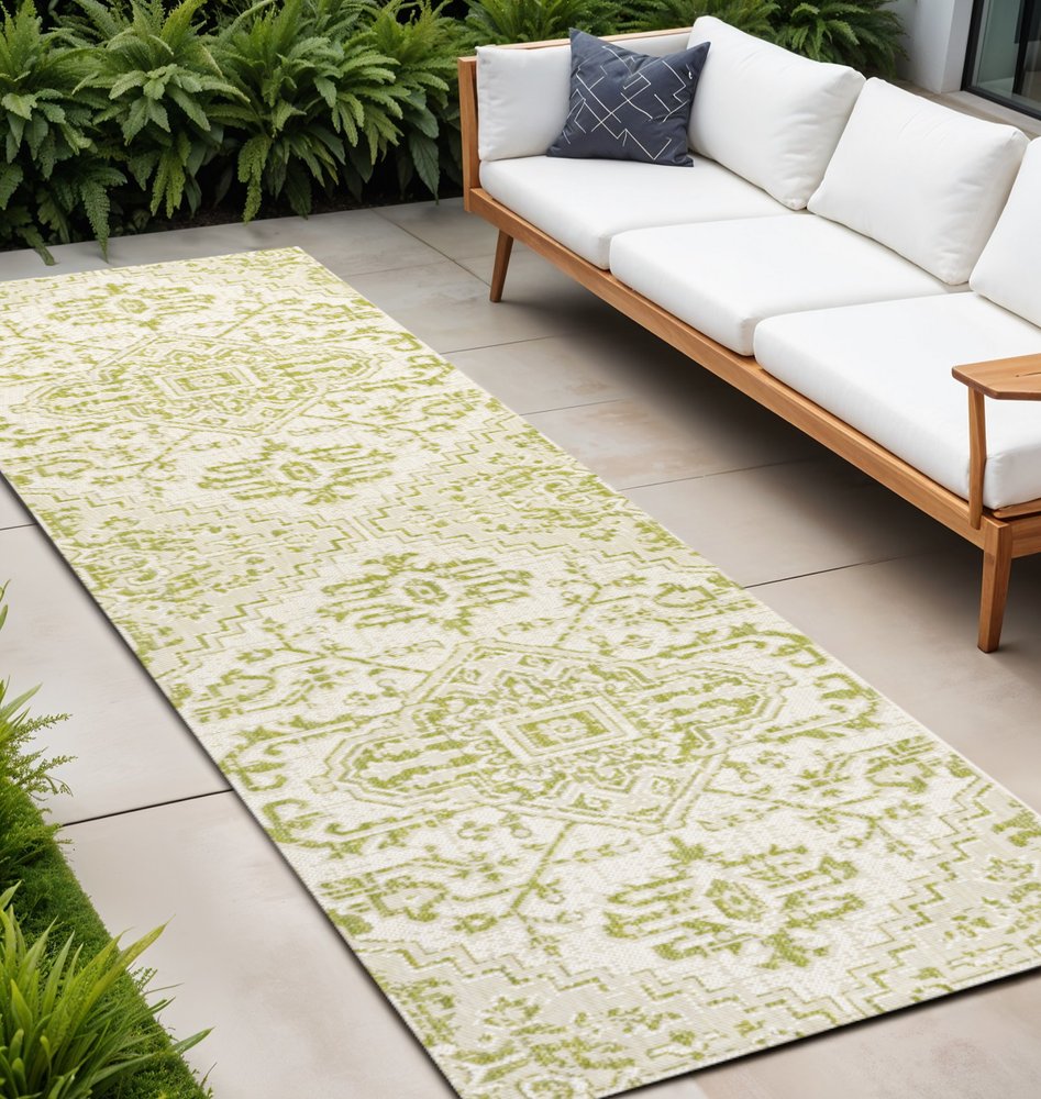 10' Cream And Green Medallion Indoor Outdoor Runner Rug HomeRoots