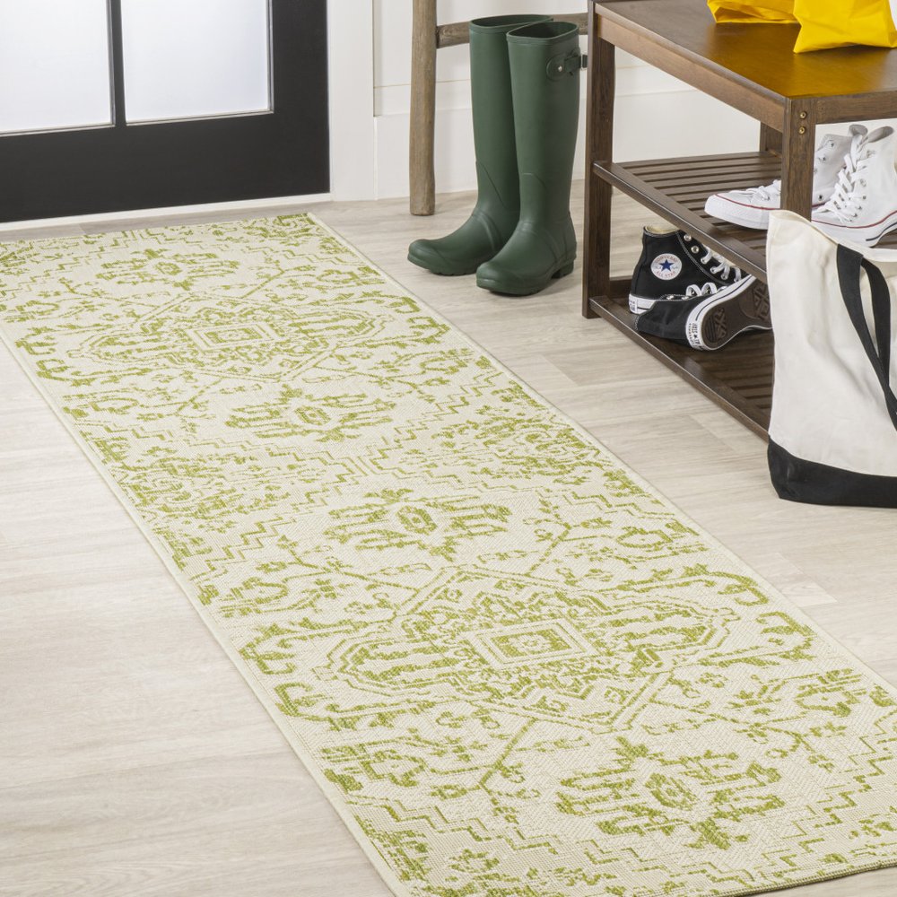 10' Cream And Green Medallion Indoor Outdoor Runner Rug