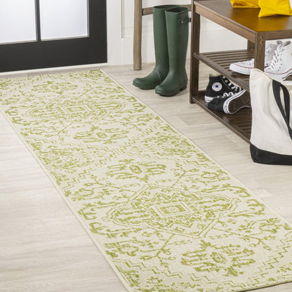 10' Cream And Green Medallion Indoor Outdoor Runner Rug