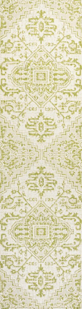 10' Cream And Green Medallion Indoor Outdoor Runner Rug HomeRoots