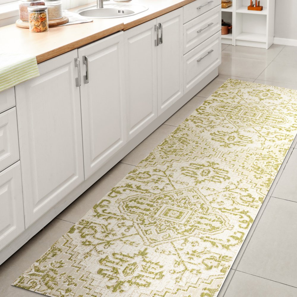 10' Cream And Green Medallion Indoor Outdoor Runner Rug