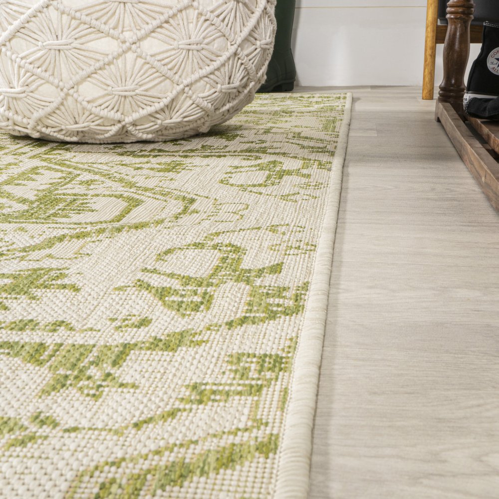 10' Cream And Green Medallion Indoor Outdoor Runner Rug HomeRoots