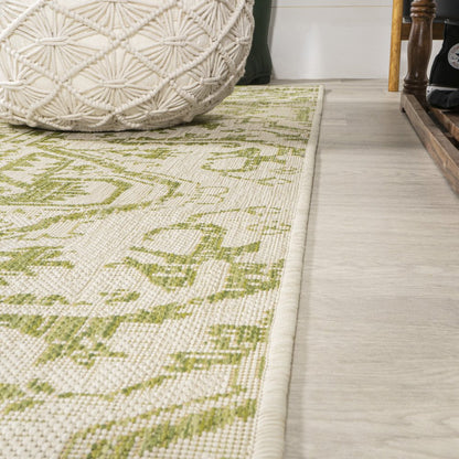 10' Cream And Green Medallion Indoor Outdoor Runner Rug HomeRoots