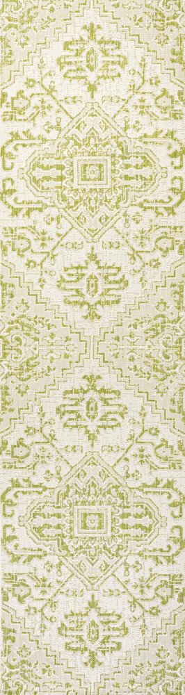 8' Cream And Green Medallion Indoor Outdoor Runner Rug HomeRoots