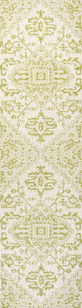 8' Cream And Green Medallion Indoor Outdoor Runner Rug HomeRoots
