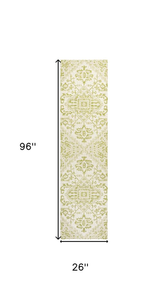 8' Cream And Green Medallion Indoor Outdoor Runner Rug HomeRoots