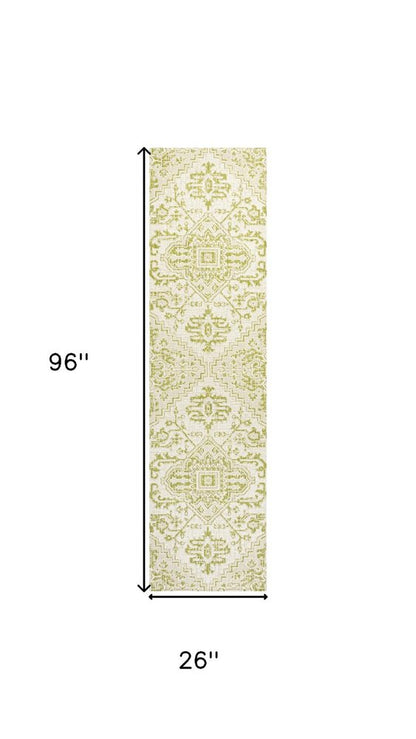 8' Cream And Green Medallion Indoor Outdoor Runner Rug HomeRoots