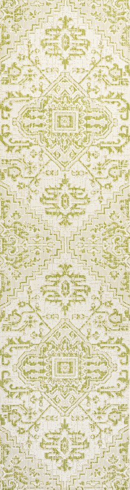 8' Cream And Green Medallion Indoor Outdoor Runner Rug HomeRoots