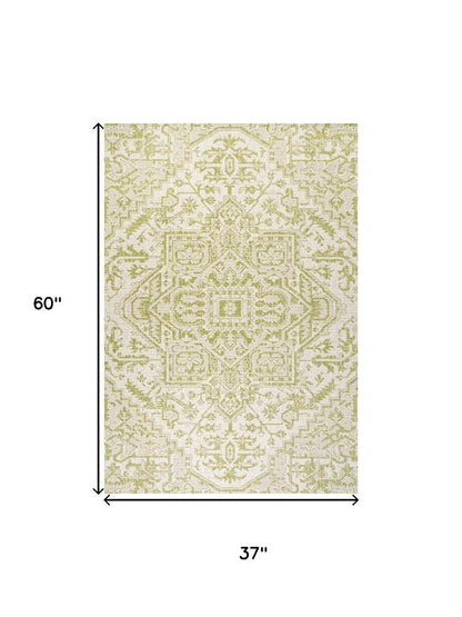 3' X 5' Cream And Green Medallion Indoor Outdoor Area Rug HomeRoots