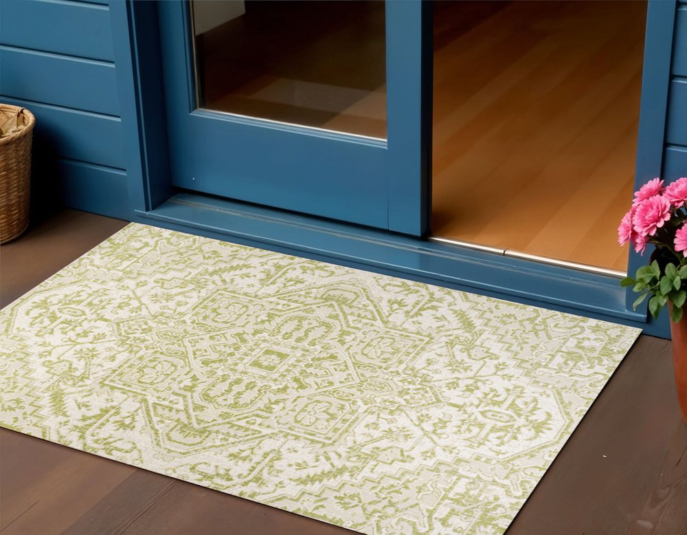 3' X 5' Cream And Green Medallion Indoor Outdoor Area Rug HomeRoots