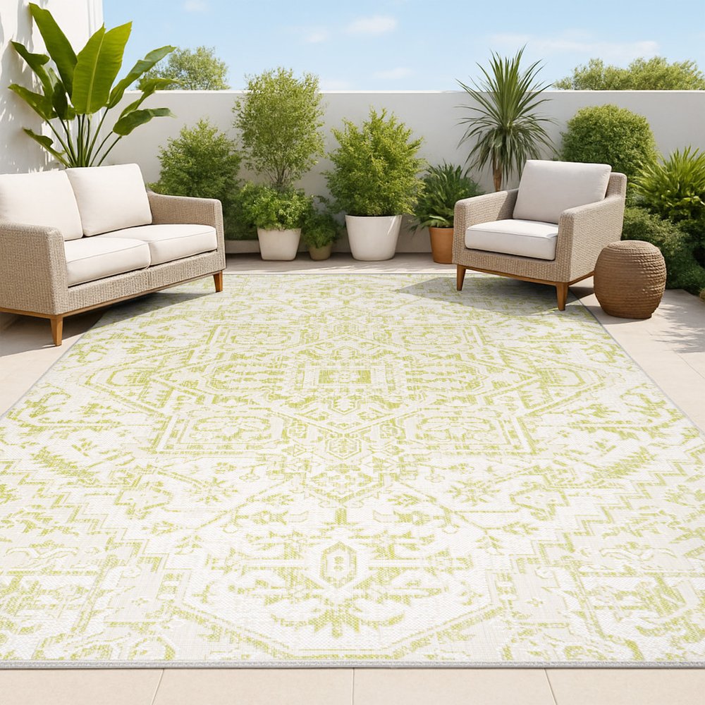 3' X 5' Cream And Green Medallion Indoor Outdoor Area Rug HomeRoots