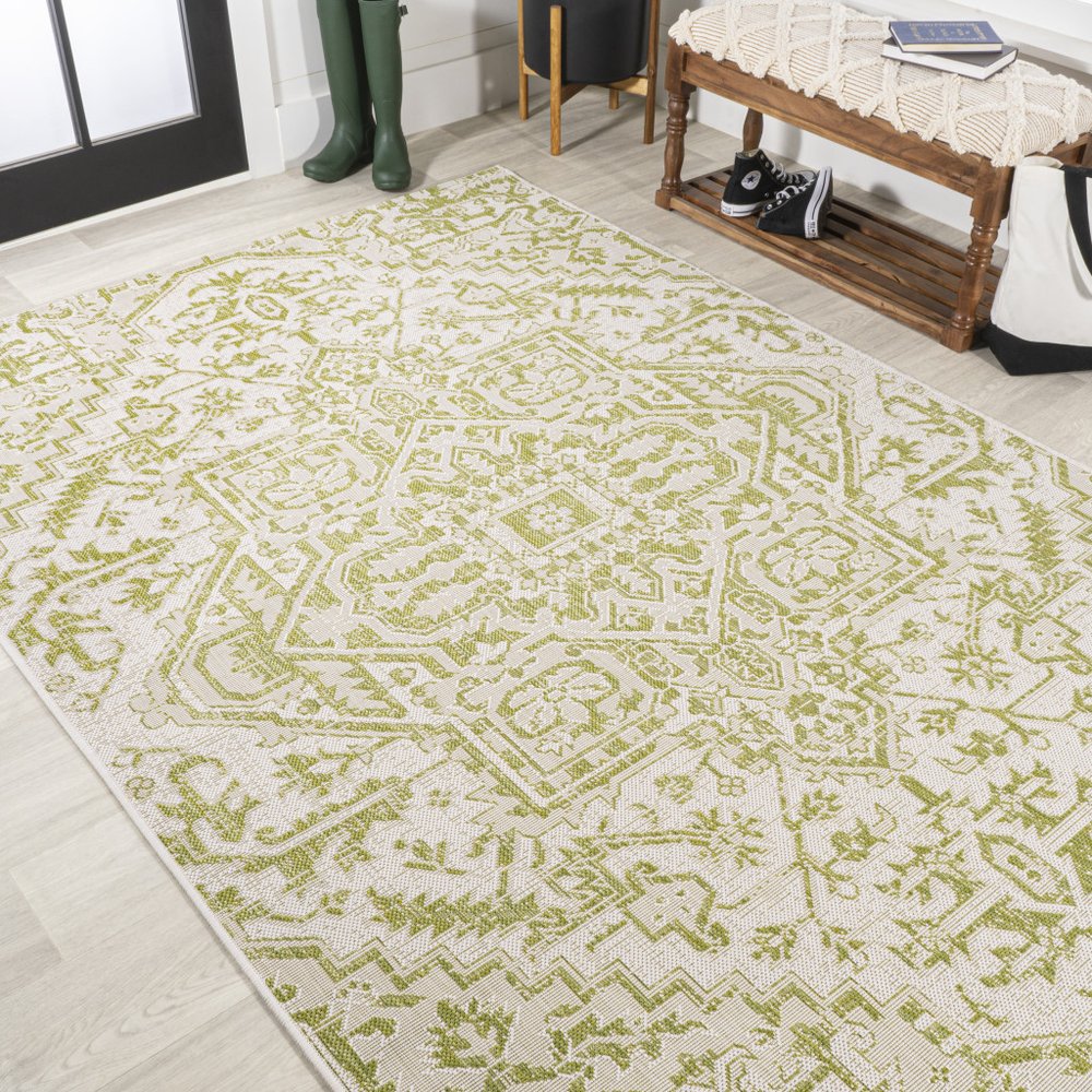 3' X 5' Cream And Green Medallion Indoor Outdoor Area Rug HomeRoots