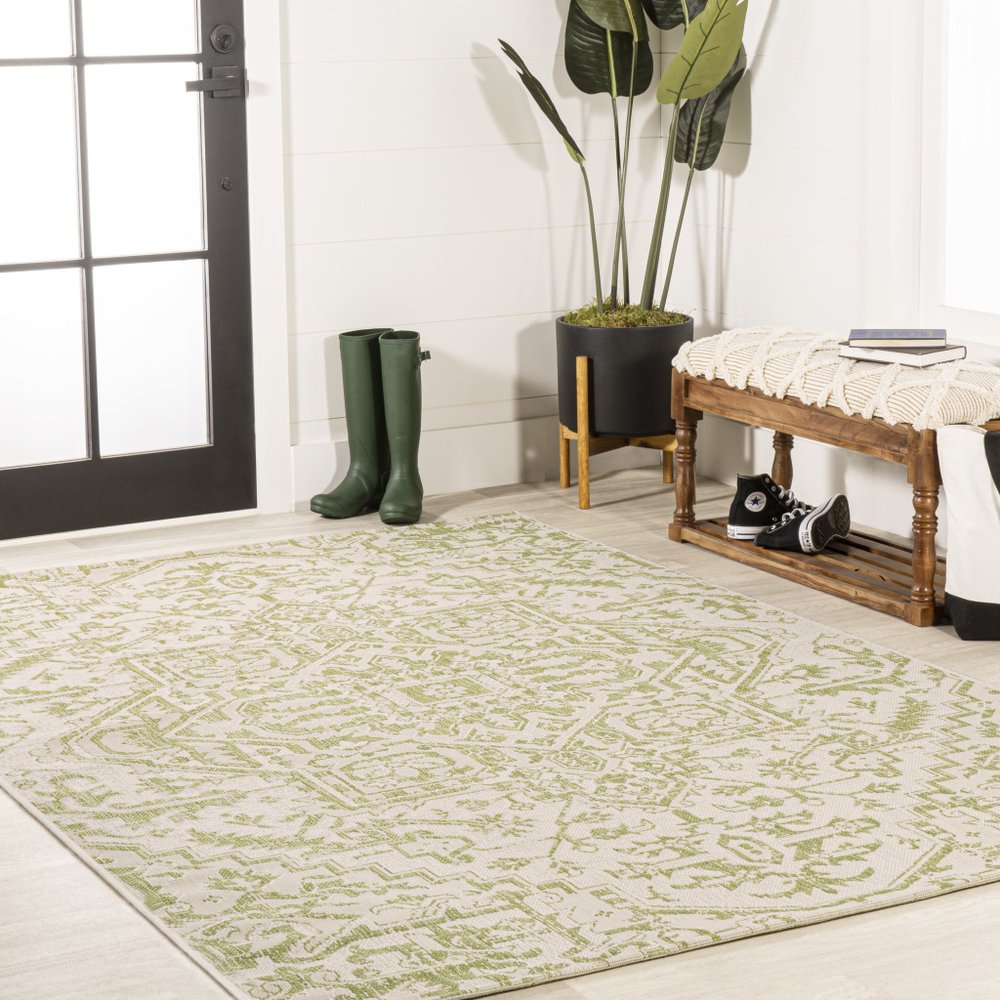 3' X 5' Cream And Green Medallion Indoor Outdoor Area Rug HomeRoots