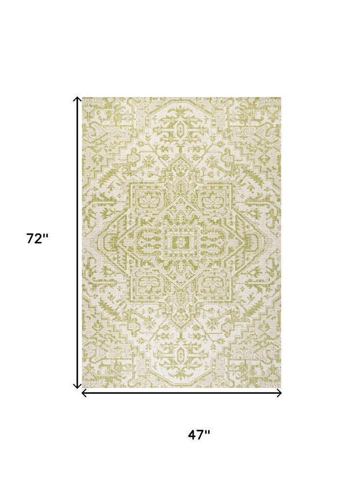 4' X 6' Cream And Green Medallion Indoor Outdoor Area Rug HomeRoots