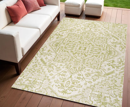 4' X 6' Cream And Green Medallion Indoor Outdoor Area Rug HomeRoots