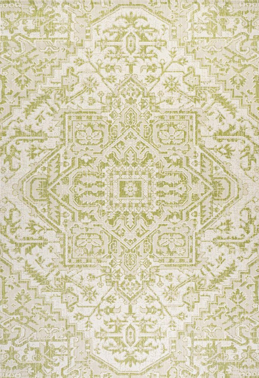5' X 8' Cream And Green Medallion Indoor Outdoor Area Rug