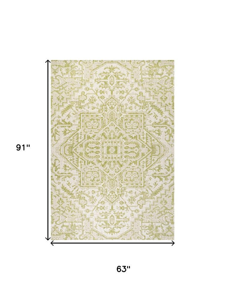 5' X 8' Cream And Green Medallion Indoor Outdoor Area Rug HomeRoots