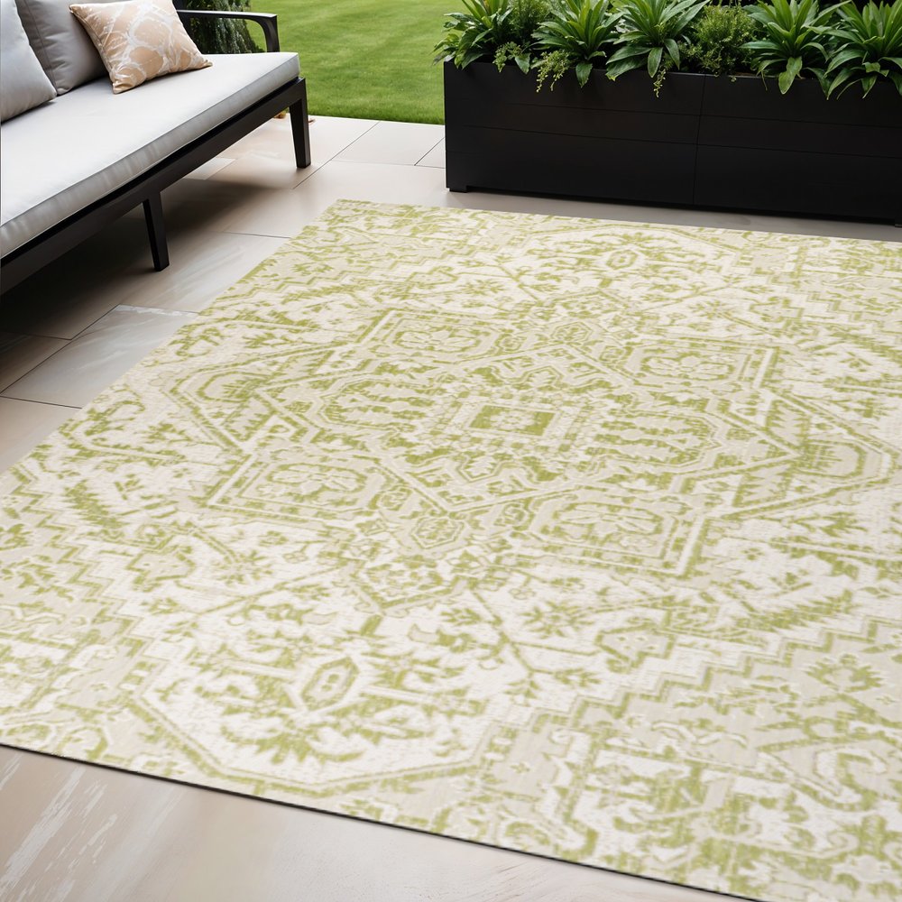 5' X 8' Cream And Green Medallion Indoor Outdoor Area Rug HomeRoots