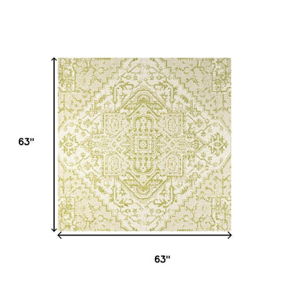 5' Cream And Green Square Medallion Indoor Outdoor Area Rug