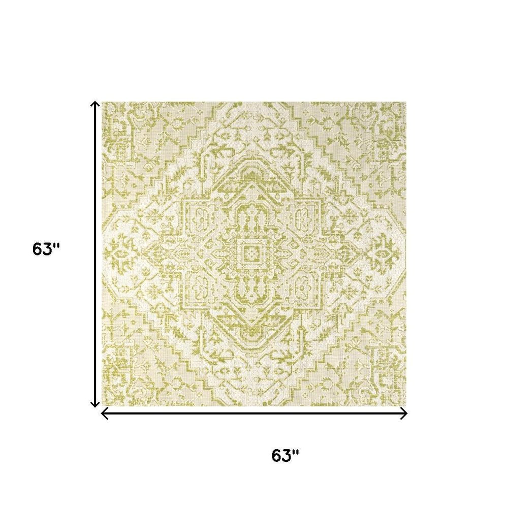 5' Cream And Green Square Medallion Indoor Outdoor Area Rug HomeRoots