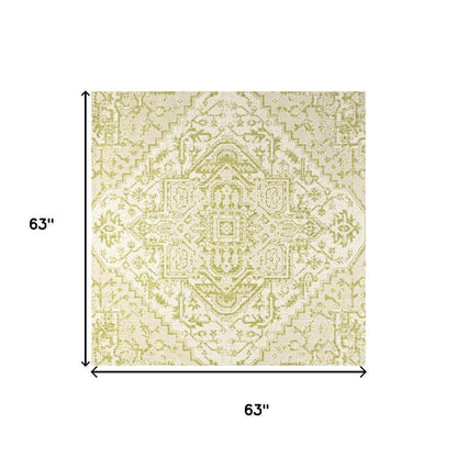 5' Cream And Green Square Medallion Indoor Outdoor Area Rug HomeRoots