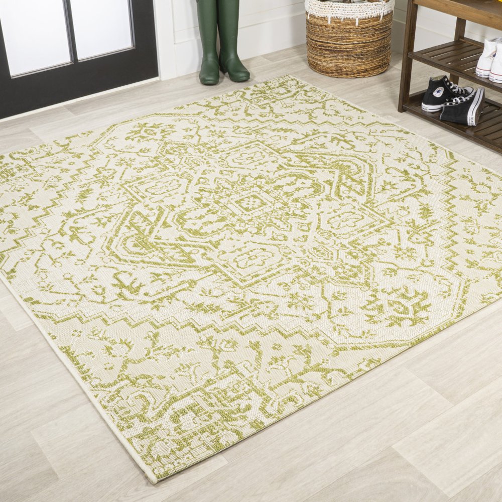 5' Cream And Green Square Medallion Indoor Outdoor Area Rug