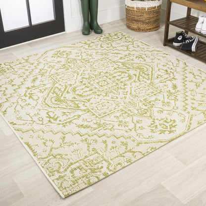 5' Cream And Green Square Medallion Indoor Outdoor Area Rug