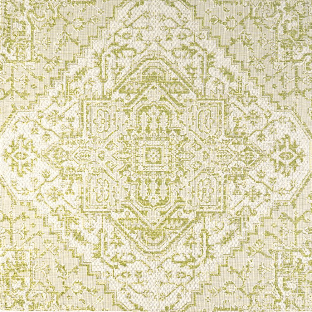 5' Cream And Green Square Medallion Indoor Outdoor Area Rug — view 1