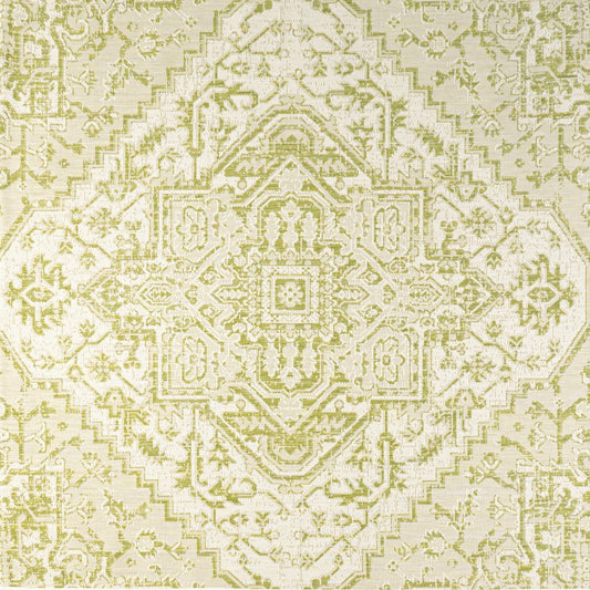 5' Cream And Green Square Medallion Indoor Outdoor Area Rug