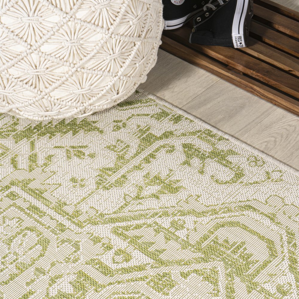 5' Cream And Green Square Medallion Indoor Outdoor Area Rug