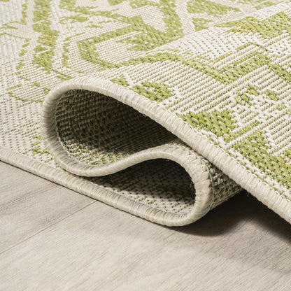 5' Cream And Green Square Medallion Indoor Outdoor Area Rug HomeRoots