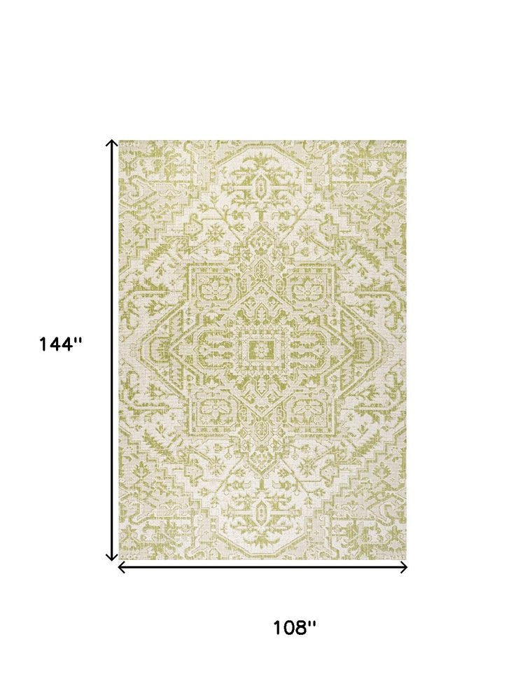9' X 12' Cream And Green Medallion Indoor Outdoor Area Rug HomeRoots