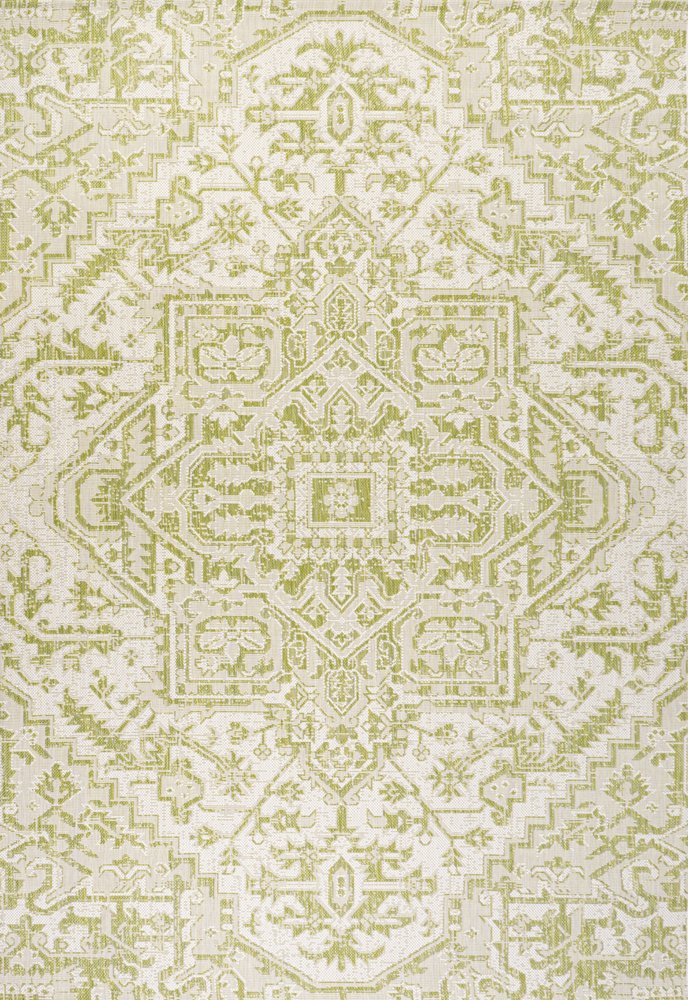 9' X 12' Cream And Green Medallion Indoor Outdoor Area Rug HomeRoots