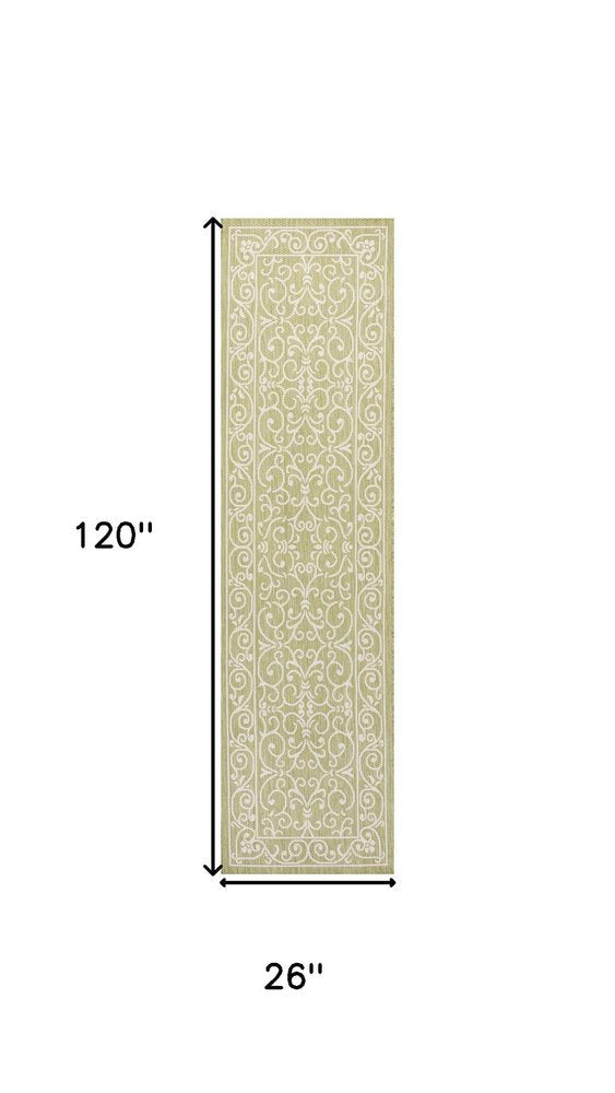 10' Green And Cream Medallion Indoor Outdoor Runner Rug HomeRoots