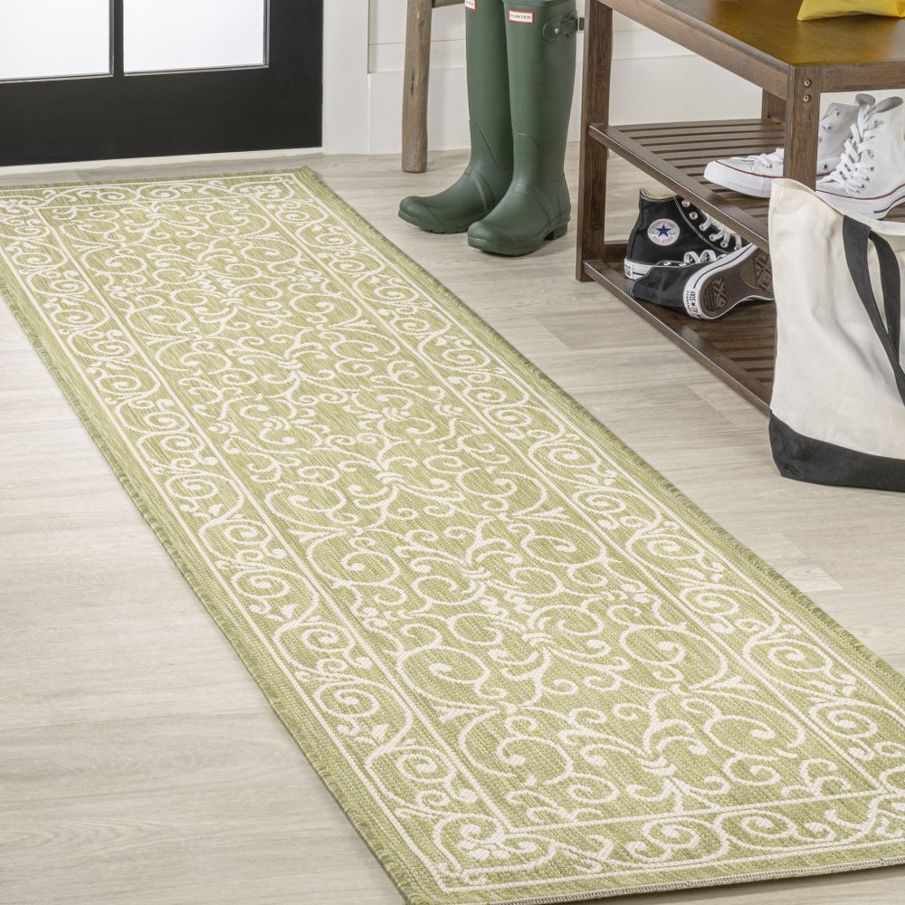 10' Green And Cream Medallion Indoor Outdoor Runner Rug