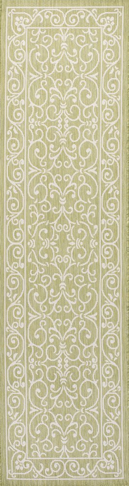10' Green And Cream Medallion Indoor Outdoor Runner Rug