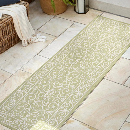 10' Green And Cream Medallion Indoor Outdoor Runner Rug