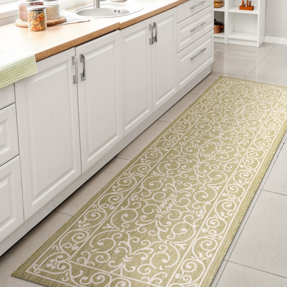 10' Green And Cream Medallion Indoor Outdoor Runner Rug