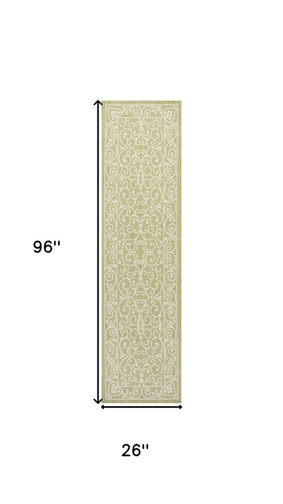8' Green And Cream Medallion Indoor Outdoor Runner Rug HomeRoots