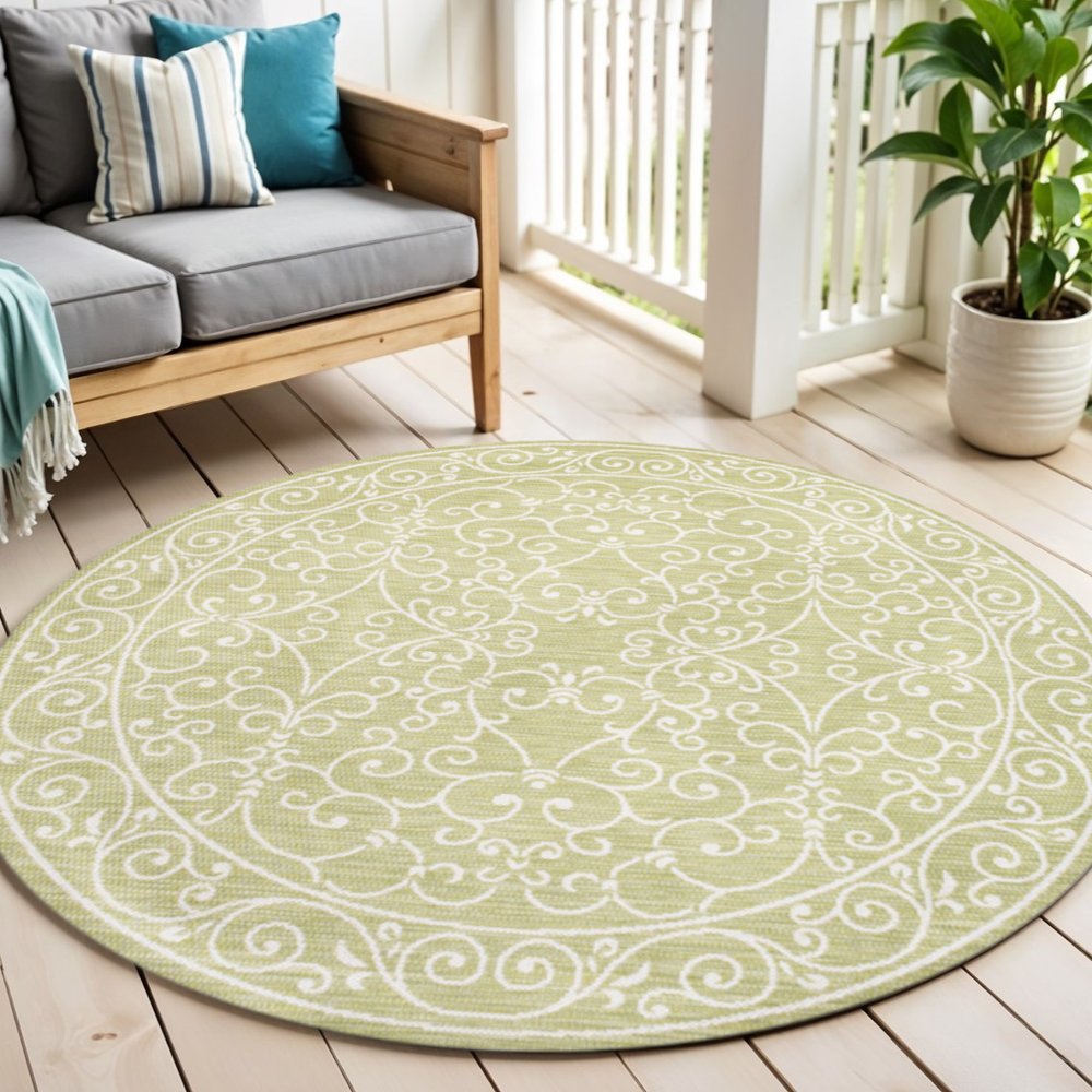 5' Green And Cream Round Medallion Indoor Outdoor Area Rug HomeRoots