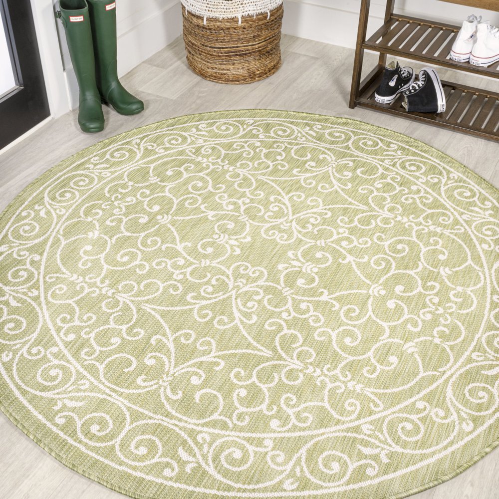 5' Green And Cream Round Medallion Indoor Outdoor Area Rug