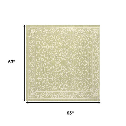 5' Green And Cream Square Medallion Indoor Outdoor Area Rug HomeRoots