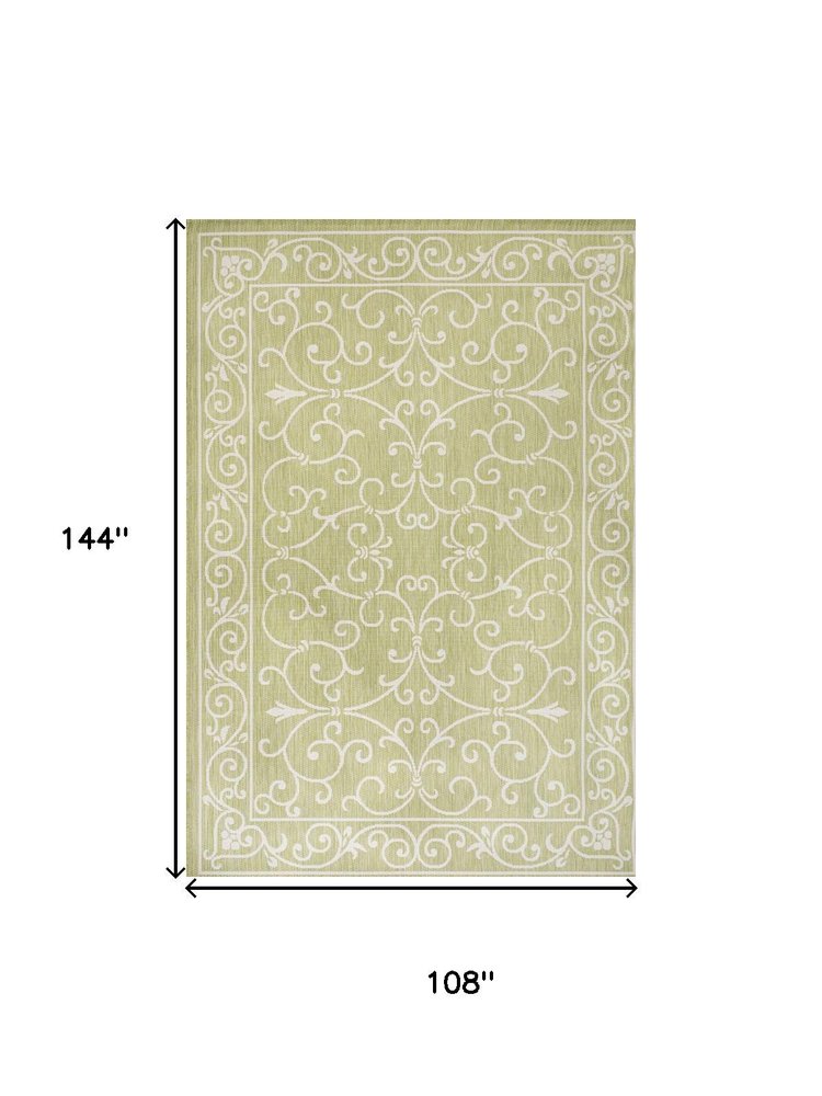 9' X 12' Green And Cream Medallion Indoor Outdoor Area Rug